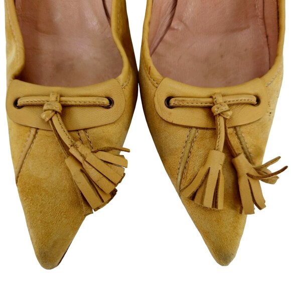 Giuseppe Zanotti Italy Mustard Suede Tasseled Kitten Heels Womens 8B Dress Shoes - Picture 5 of 11